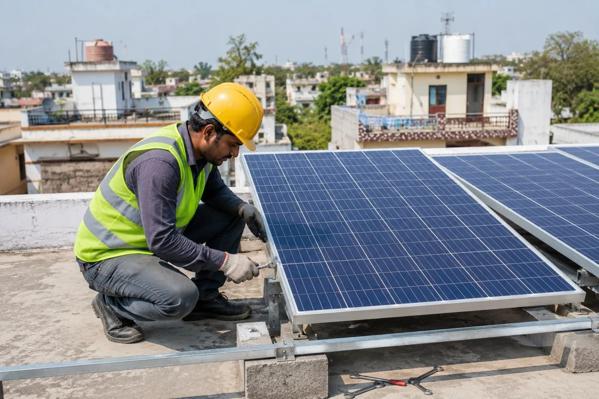 Solar technician installing a panel on the flat roof of an Indian home